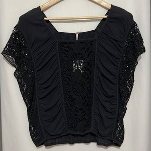 Free People Size Large Black Crochet Bat Wing Top NWT 100% Cotton